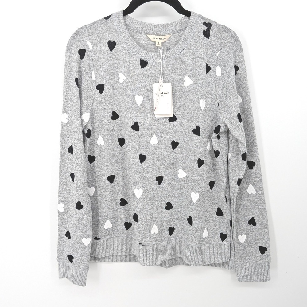 Lucky Brand Sweater Women Small Gray Heart Print Cloud Soft Crew Neck Valentine
